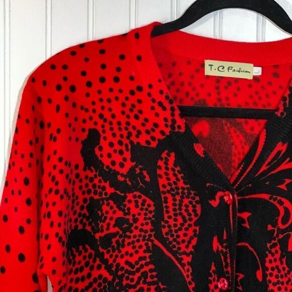 T.C. Fashion Cardigan Sweater Women Large Red/Black Floral Button Front Polkadot - Picture 2 of 7